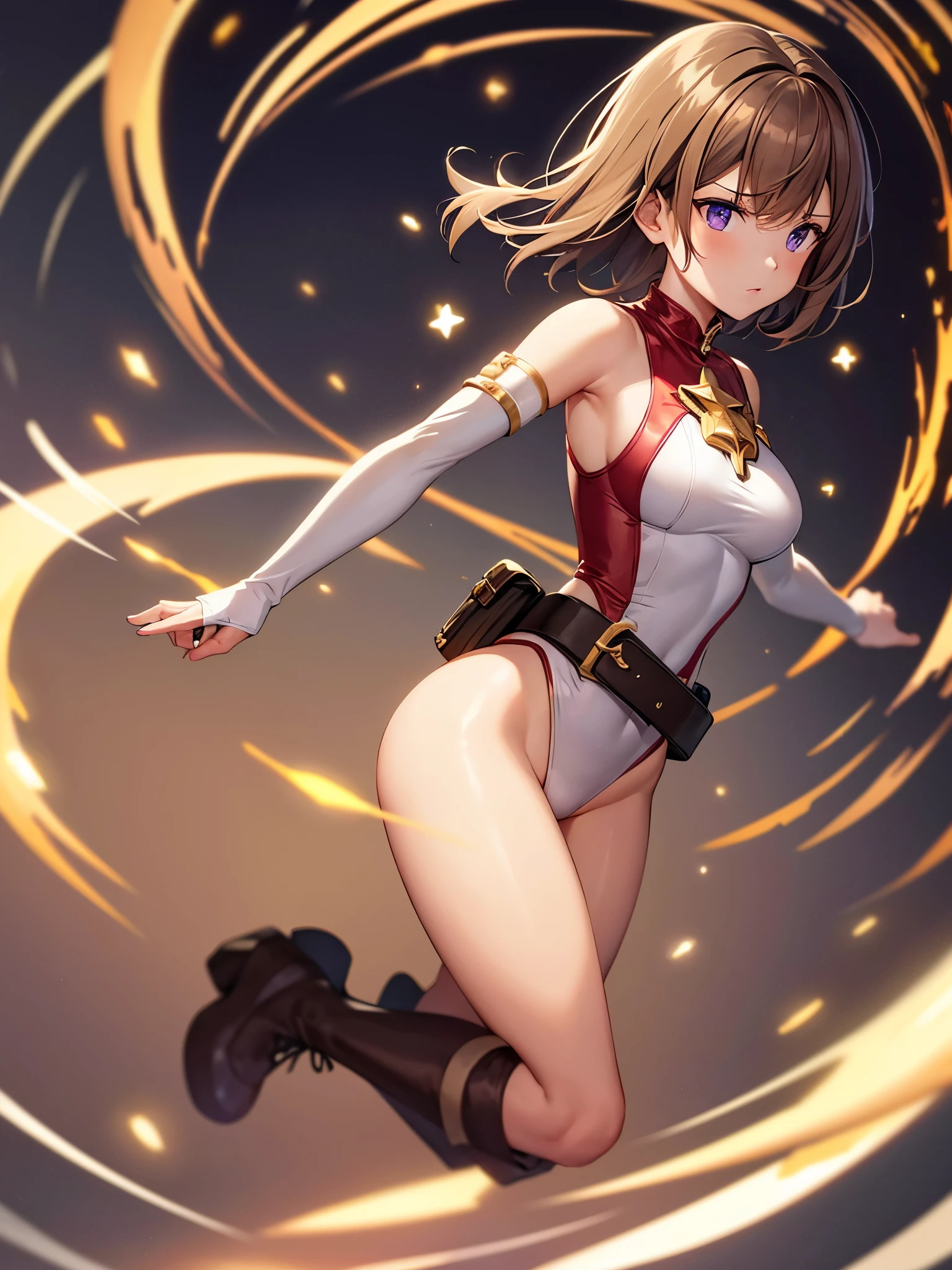 masterpiece, best quality, hyper detailed, ultra detailed, 1girl, medium breasts, (leotard, white and red leotard), bare legs, ((fastened tight belt, gold belt)), boots, matching boots, ankle boots, white boots, gloves, white gloves, solo, single, hands on hip, standing, full body shot, cowboy shot, superhero, beautiful detailed eyes, mature lady, ((gold star symbol on chest)), (brown hair, short hair, bob hair), purple eyes, sleeveless, perfect anatomy, spread arms, spinning, twirling) spins fast in place like a tornado, twirling in place, tornado spinning, rapid gyration, space backdrop, motion blur, speed lines, spiral lines, tornado, time warp, spinning energy pulse, light particles. serious