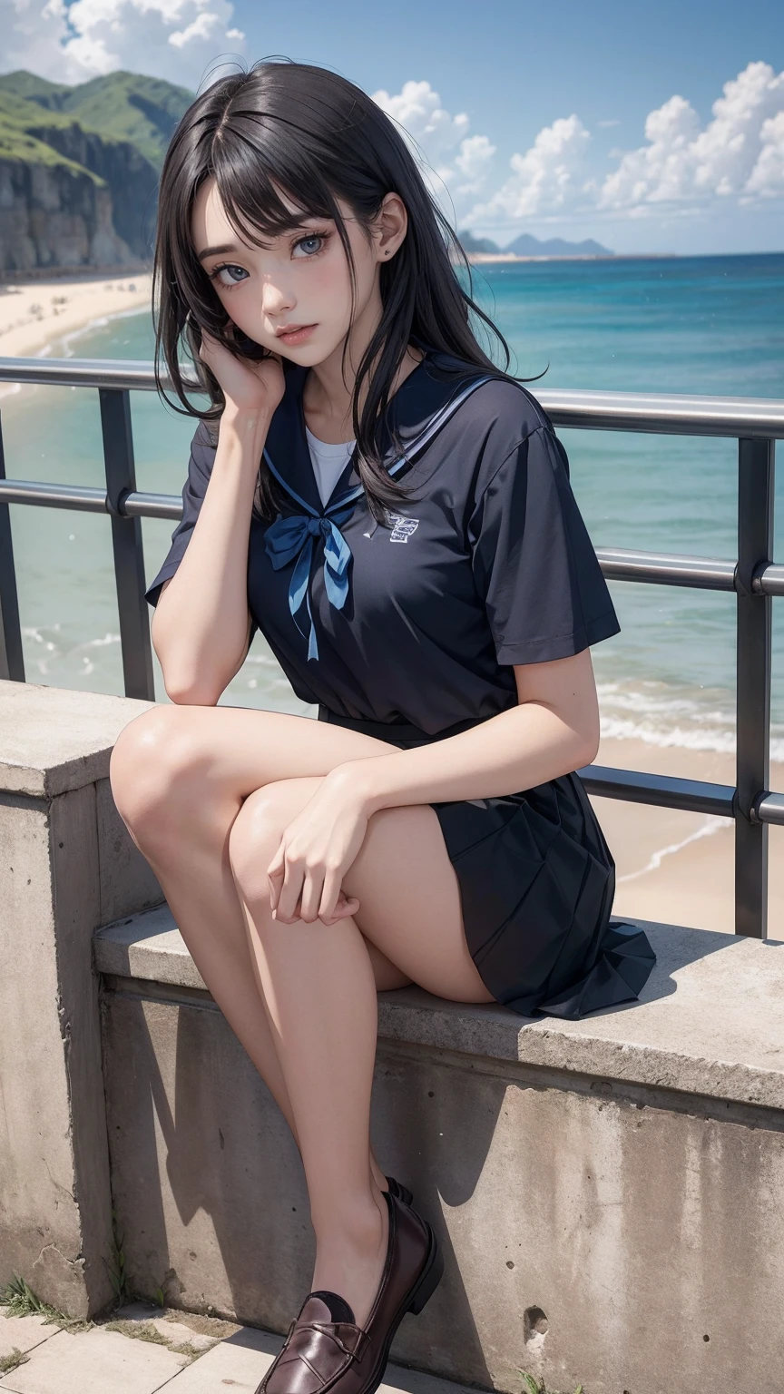 ((最high quality, 8K, masterpiece: 1.3, Ultra HD, high quality, 最high quality, High resolution, realism)) 、An extremely beautiful 18-year-old Japanese woman、hair color is black、black eye、medium hair、straight hair、smile、Slender but well-proportioned muscular body、Athlete-like body type、I don't want my head to disappear from the screen.、sit on a high breakwater on the beach、The blue sky is beautiful、There is an entrance cloud、It's summer、I'm wearing a sailor suit、Wear a navy blue pleated skirt、wear loafers、There is a road in front of the breakwater、There is a sign indicating the bus stop.、The sea is beautiful、The horizon looks beautiful、An island can be seen off the coast
