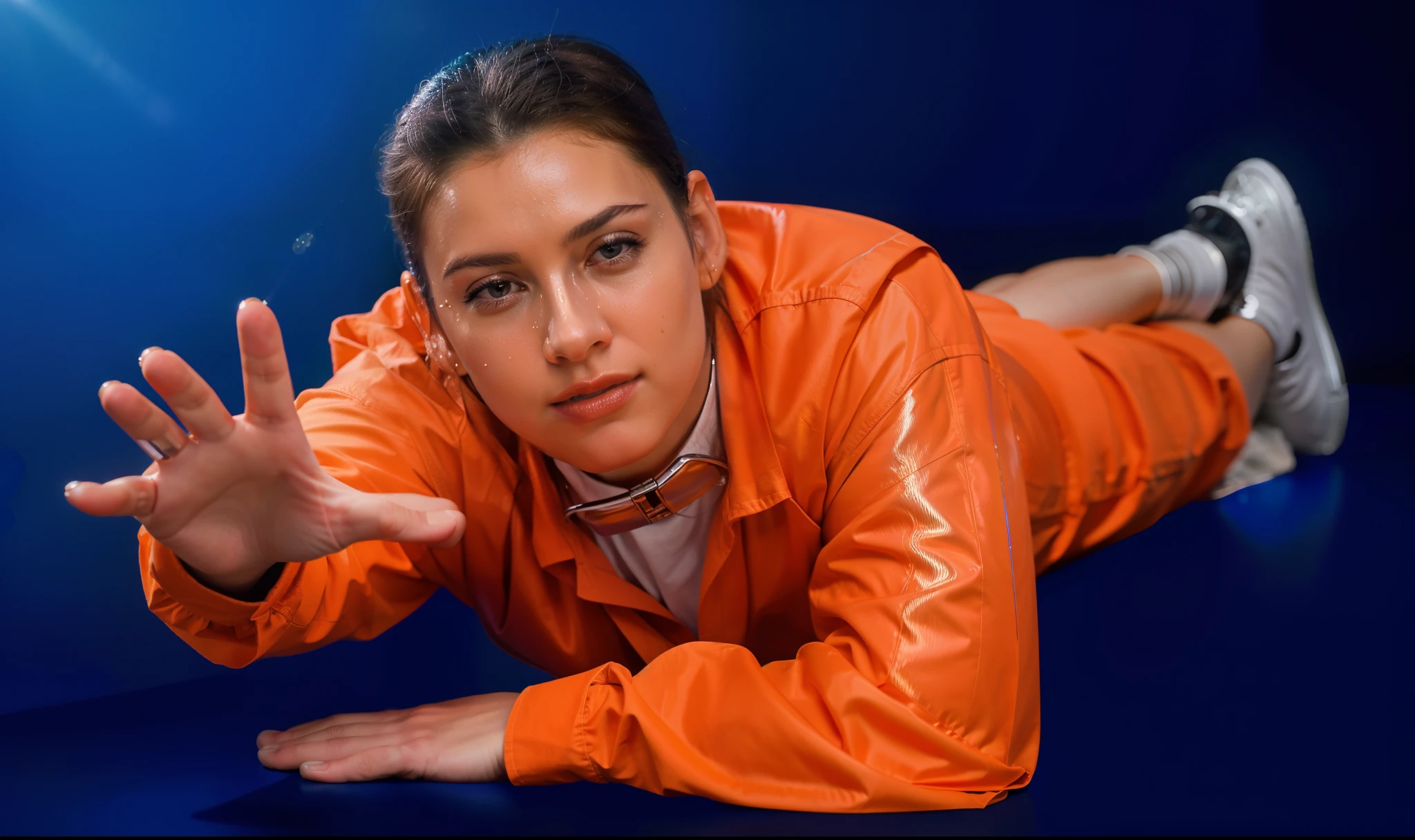  scared man laying at floor scared, photo shoot, commercial photo,  profile shot, 4k, rim light, high resolution, 4k, glossy texture, smooth 3d model, multiple light sources, rim light, sharp post effects render, (glossy metallic texture with multiple big light probe refractions), perfect cgi, cgi art created only with gradients, smooth silhouette, high intensity refraction, (super glossy chrome material), most beautiful vfx, blue background, chrome metal refractions, multiple light sources, rim light, sharp post effects render, perfect cgi, anthropomorphic cat, digital art, detailed digital art, reflective, best quality, 4k, masterpiece:1.2, ultra-detailed, realistic, vivid colors, dark and moody lighting, The image of the highest quality, ensuring every detail showcased perfectly. It in 4k resolution, allowing viewers to immerse themselves in the richness of the colors and intricate details. The realistic rendering. under the spotlight, reflecting, high-resolution image, realistic rendering, dark background, and rim light photorealistic