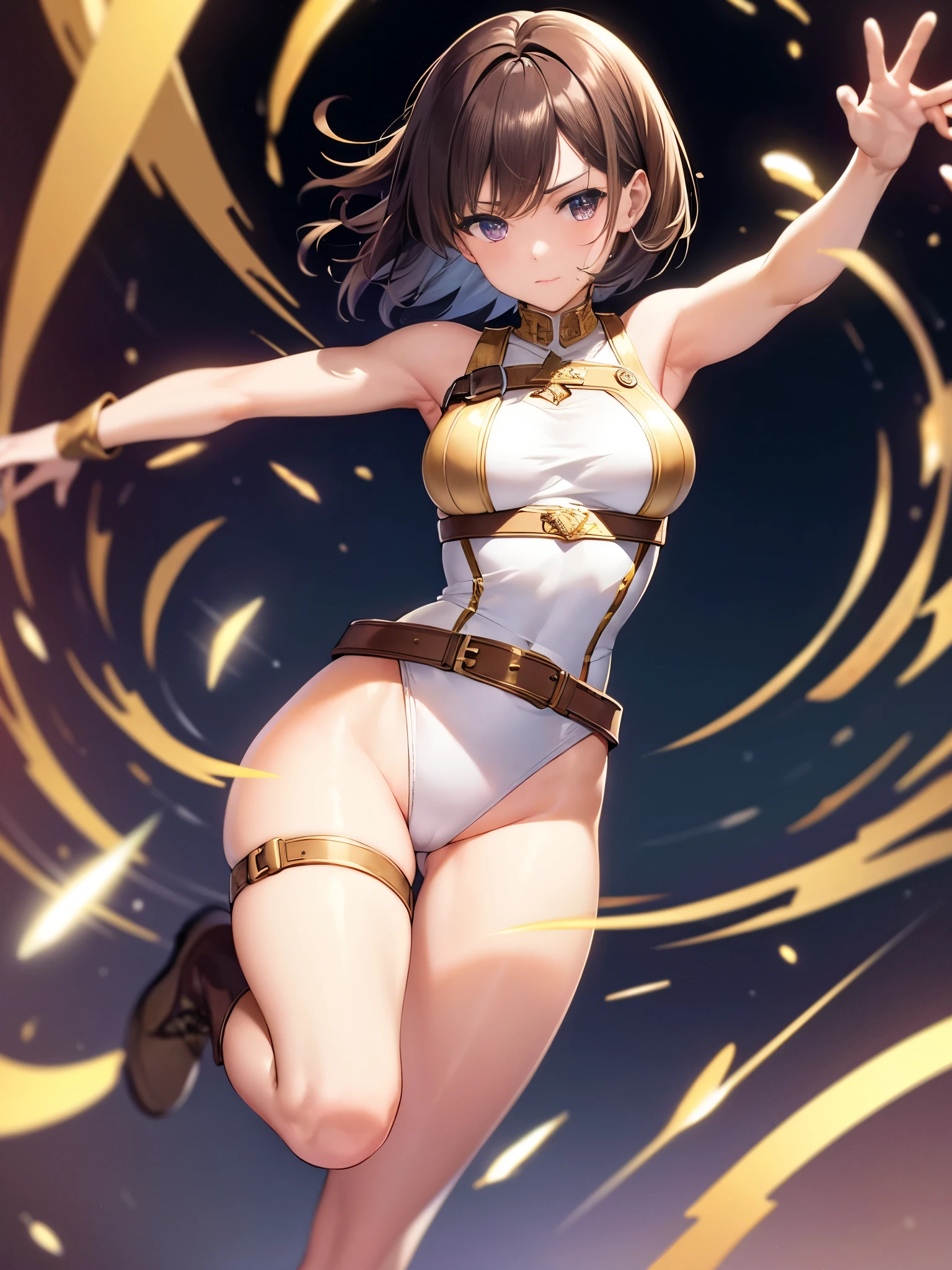 masterpiece, best quality, hyper detailed, ultra detailed, 1girl, medium breasts, (leotard, white and red leotard), bare legs, ((fastened tight belt, gold belt)), boots, matching boots, ankle boots, white boots, gloves, white gloves, solo, single, hands on hip, standing, full body shot, cowboy shot, superhero, beautiful detailed eyes, mature lady, ((gold star symbol on chest)), (brown hair, short hair, bob hair), purple eyes, sleeveless, perfect anatomy, spread arms, spinning, twirling) spins fast in place like a tornado, twirling in place, tornado spinning, rapid gyration, space backdrop, motion blur, speed lines, spiral lines, tornado, time warp, spinning energy pulse, light particles. serious