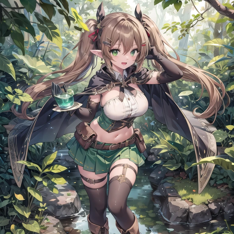 1girl, solo, pointy-ears, ((brown-hair)), green-eyes, gloves, boots, twintails, open-mouth, skirt, elbow-gloves, hair-ornament, navel, looking-at-viewer, cape, smile, elf, holding, ribbon, hair-ribbon, quiver, knee-boots, belt, low-twintails, hairclip, green-skirt, black-gloves, forest, midriff, thigh-strap, character-name hair-between-eyes, standing, black-footwear, pouch, long-hair, nature, red-ribbon, ((big boobs) 1:1)