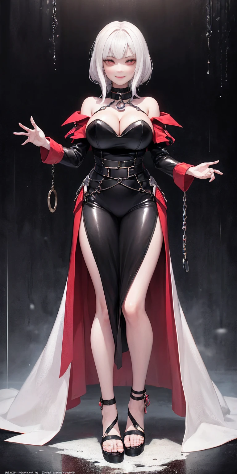 dark fantasy anime illustration of a (mature MILF BIMBO albino skin and short white hair), (FULL BODY) perfect face, wearing tight leather stealth armor, stalking, BIG KNOCKERS CLEAVAGE, lustful smirking smile red blush red cheeks, chain leash, kneeling, shackles, leather black collar slave, ((BLACK background)) hands on glass WITH KNOCKERS on glass, glass window fog water drop, 5 fingers each hand, metal handcuffs, black choker collar, thighhighs, long legs, metal ankle, metal sandals, metal shoulders, standing straight symmetrical against glass