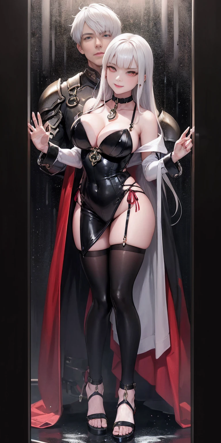 dark fantasy anime illustration of a (mature MILF BIMBO albino skin and short white hair), (FULL BODY) perfect face, wearing tight leather stealth armor, stalking, BIG KNOCKERS CLEAVAGE, lustful smirking smile red blush red cheeks, chain leash, kneeling, shackles, leather black collar slave, ((BLACK background)) hands on glass WITH KNOCKERS on glass, glass window fog water drop, 5 fingers each hand, metal handcuffs, black choker collar, thighhighs, long legs, metal ankle, metal sandals, metal shoulders, standing straight symmetrical against glass