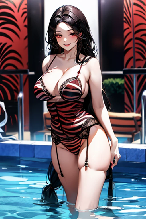 Black hair, long hair, red eyes, sexy, large breasts, beautiful body, masterpiece, smile, ((zebra pattern lingerie)), sexy lingerie, hotel swimming pool,busty, buxom, curvy, voluptuous