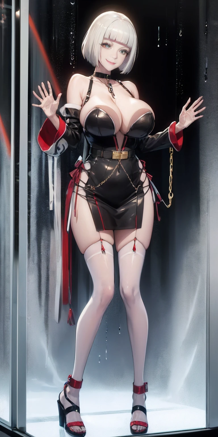 dark fantasy anime illustration of a (mature MILF BIMBO albino skin and short white hair), (FULL BODY) perfect face, wearing tight leather stealth armor, stalking, BIG KNOCKERS CLEAVAGE, lustful smirking smile red blush red cheeks, chain leash, kneeling, shackles, leather black collar slave, ((BLACK background)) hands on glass WITH KNOCKERS on glass, glass window fog water drop, 5 fingers each hand, metal handcuffs, black choker collar, thighhighs, long legs, metal ankle, metal sandals, metal shoulders, standing straight symmetrical against glass