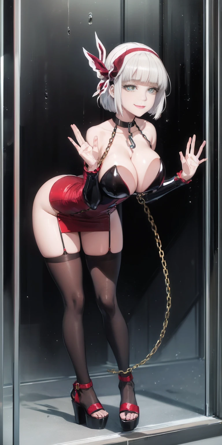 dark fantasy anime illustration of a (mature MILF BIMBO albino skin and short white hair), (FULL BODY) perfect face, wearing tight leather stealth armor, stalking, BIG KNOCKERS CLEAVAGE, lustful smirking smile red blush red cheeks, chain leash, kneeling, shackles, leather black collar slave, ((BLACK background)) hands on glass WITH KNOCKERS on glass, glass window fog water drop, 5 fingers each hand, metal handcuffs, black choker collar, thighhighs, long legs, metal ankle, metal sandals, metal shoulders, standing straight symmetrical against glass