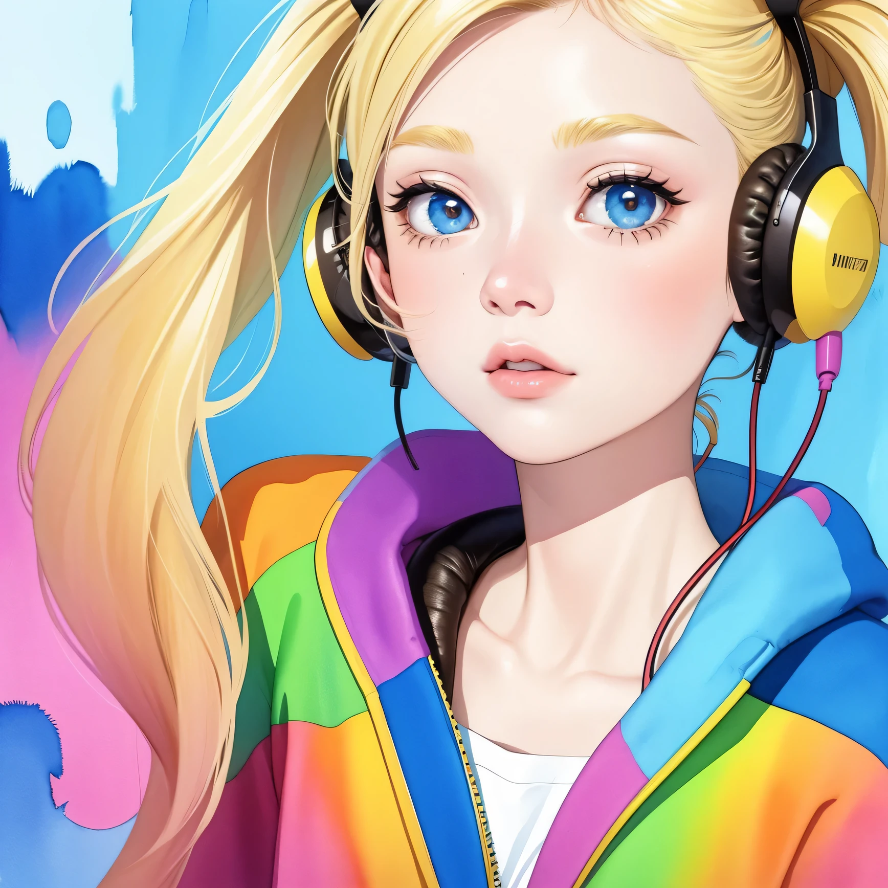 close up of face、colorful、headphones、watercolor、blonde、twin tails、I am