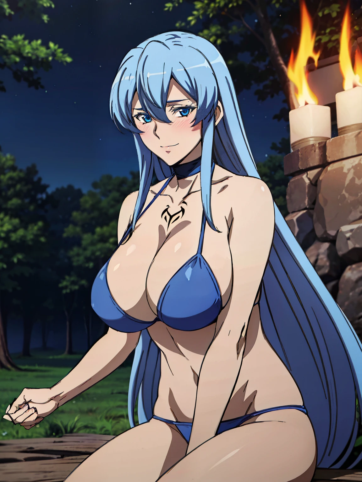 sitting on the fallen wooden, (grabbing her breasts), choker, blue bikini, chest tattoo, tent, camp fire, night forest background, esdeath, anime cels style, best quality, high resolution, 1girl, (huge breasts:1.2), mature women, blue hair, long hair, (blue eye), blue eyebrow, beautiful face, (cowboy shot), looking at viewer, blushing, smiling