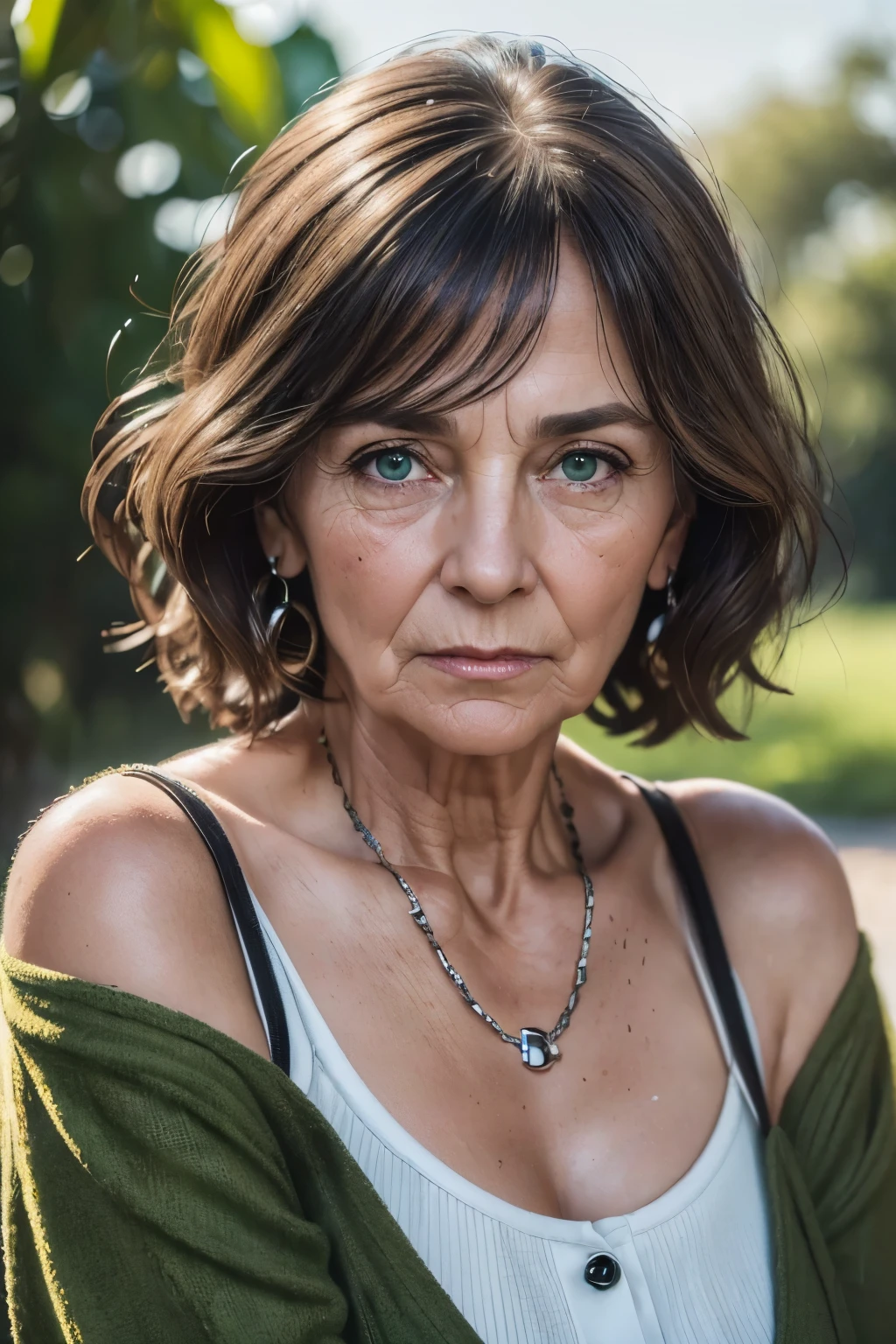 (best quality,8k,raw photo,photorealistic:1.5),old woman:1.3,brunette,wrinkles on the face,50 years old,big bright green eyes:1.2,dark hair up to the shoulders,Chanel hair,chubby,tiny chest:1.5