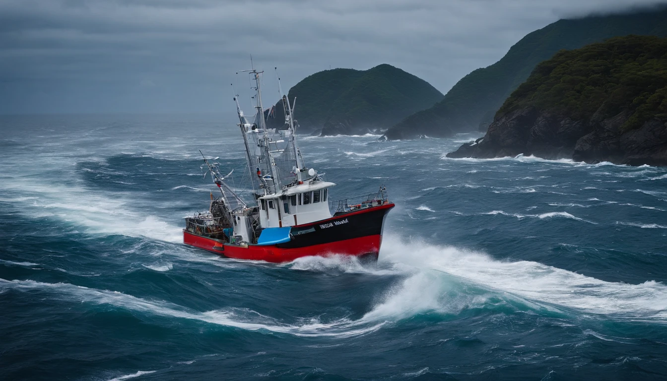 A tuna fishing boat sailing through rough seas、Kuroshio Current、