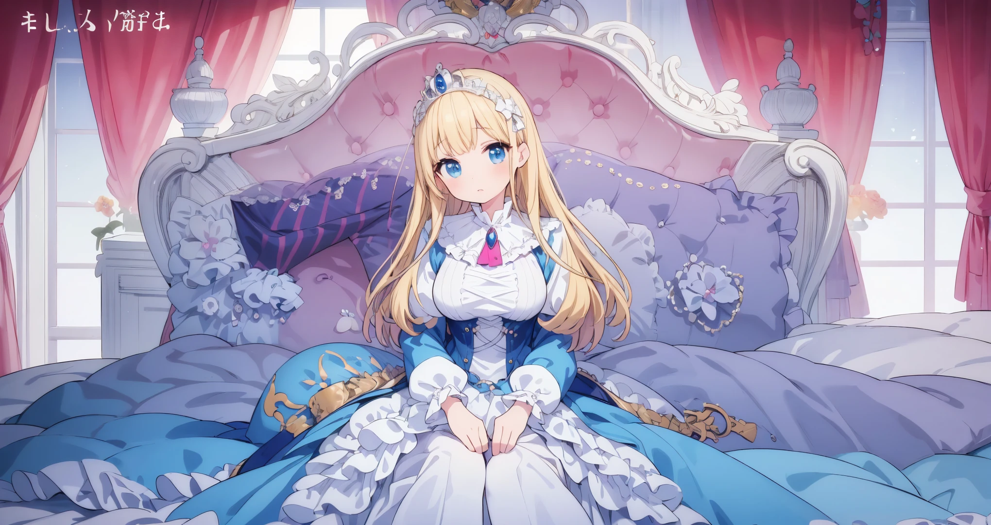,highest quality, masterpiece, highest resolution, artwork, super それにget used to it, many get used to it, get used to it, それにget used to it, 3K ultra-high resolution realistic photos,,(( When I was 10 years old)),Super detailed baby face,She is a princess,Full length ball gown dress with hoop skirt,ruffle yoke collar,puff sleeves,long sleeve,((lolita style hot pink princess satin dress、Comes with lots of frills and ribbons。)),colorful rococo fashion,shiny satin dress,Soft and smooth fabric,luxury,long blonde hair,blue eyes,white skin european,pajamas,((inside the palace)),,,(( When I was 10 years old)),Super detailed baby face,Full length ball gown dress with hoop skirt,long skirt,ruffle yoke collar,puff sleeves,腰まで伸びるlong blonde hair,blue eyes,white skin european,pajamas,((inside the palace bedroom)),ピンクのシルクサテンのluxuryなcanopy bedの上,canopy bed,luxurious curtains under the canopy,many frilly pillows on the bed,super detailed background,detailed bed,silk satin bed sheets,soft silk satin comforter,Soft silk satin ruffled pillow in pastel colors,little princess is sitting on the bed,large ball gown dresses that completely cover the legs,legs are hidden in the dress,Don'put your legs out to the side,Beautiful girl illustration,Beautiful detailed face Detailed hair,detailed human eye ,detailed mouth, arm details,fine hands,Detailed pillow,Frilly pillows piled up behind the girl,