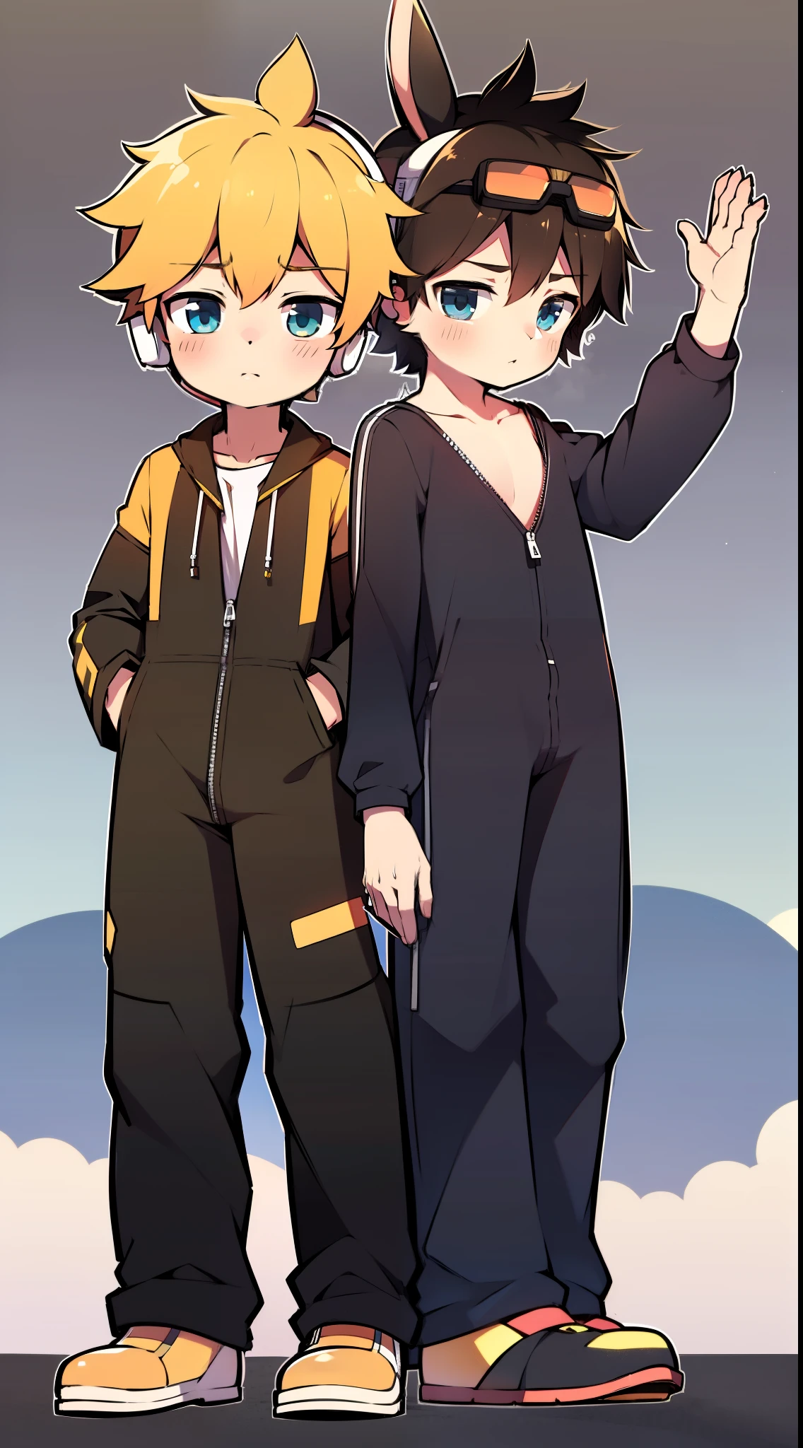 2D boy Shota,jumpsuit,Slim, healthy body,Put the headphones on your head,stand up,goggles,rabbit ears,Pull down the zipper