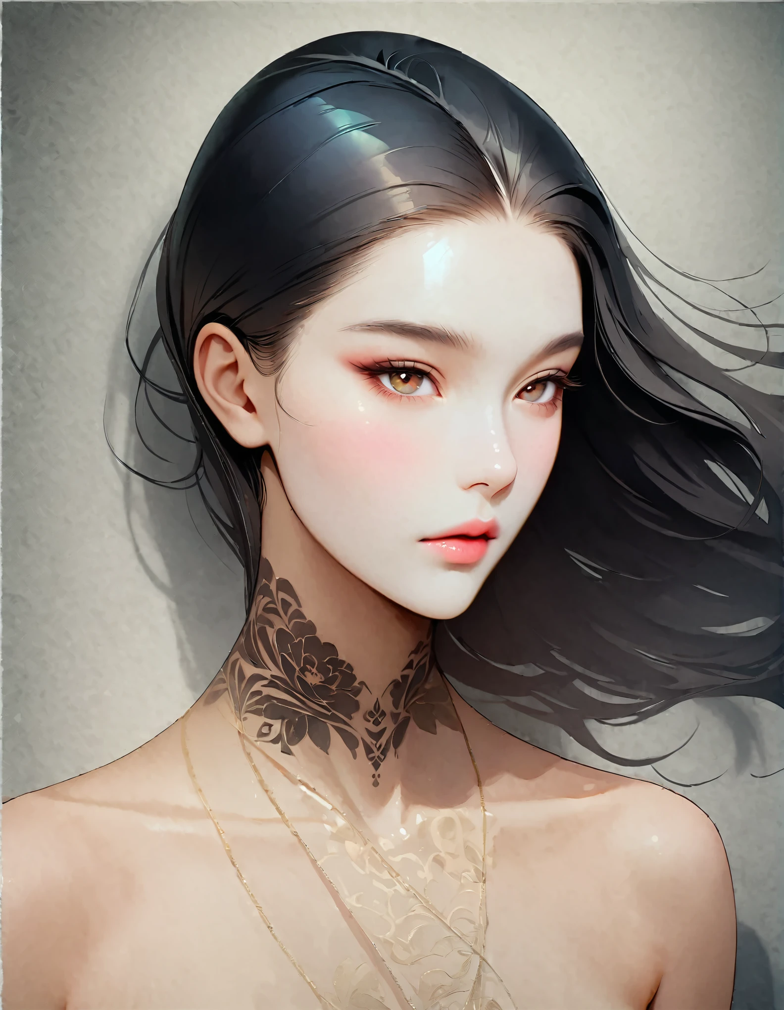 Close up of woman with tattoo on neck, long black hair，（Beautiful lotus tattoo on neck）Black minimalist clothing，flowing hair，fair face，White and smooth skin，Foxy, slender, beautiful eyes，by Mei Qing, elegant digital art, A beautiful artistic illustration, author：Yang Jie, Beautiful digital illustrations, beautiful figure painting,Ultra HD clear，super high quality，Gouache painting combined with photography