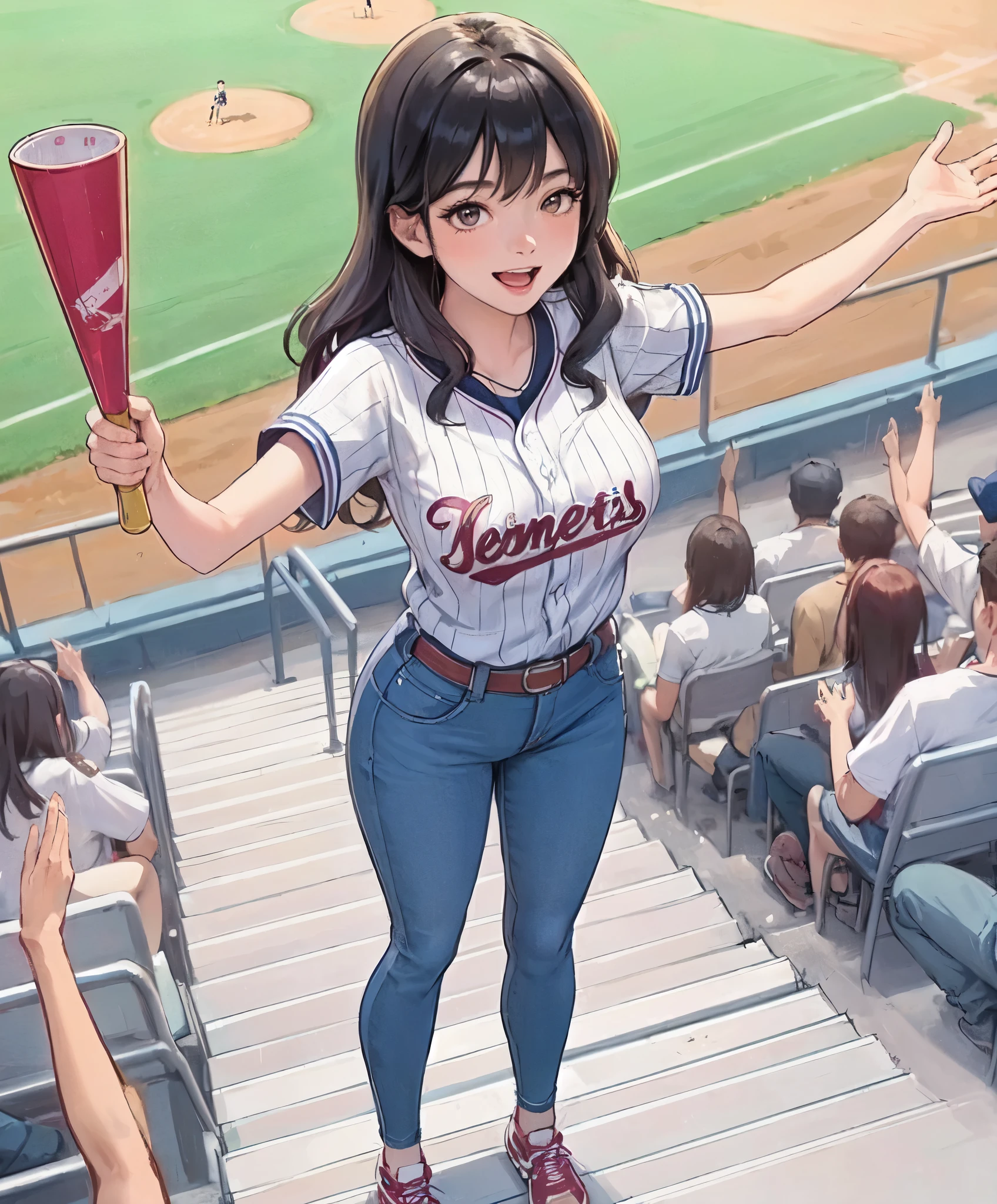 1lady solo, from above, standing on stairs, leading crowd in cheers, (baseball uniform shirt), jeggings, mature female, /(black hair/) bangs, (happy smile:0.8), (open mouth), (masterpiece best quality:1.2) delicate illustration ultra-detailed, large breasts, hands spread wide BREAK (holding noisemaker) in hand BREAK (baseball stadium) outdoors, lawn, audience, detailed background