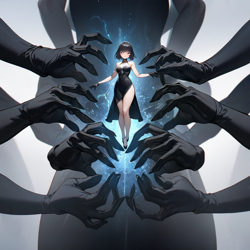 Masterpiece, Improved quality, High quality, Good anatomy, Well-formed hands, Healthy body, Intact fingers, Normal digits, perfect body, full body in image, girls, short hair with bangs to the right, tube mini black dress , Elbow-length gloves, smile,