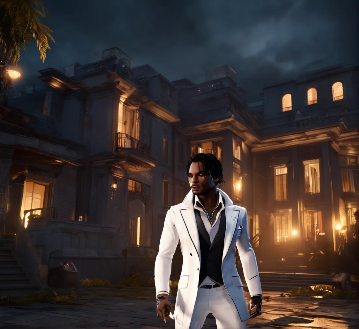 thriller, stormy, a mysterious agent with a white suit and a scar on his face who can disappear from the minimap for a few seconds, a mansion with traps and enemies from Free Fire, 16k, dark