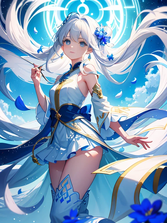 In a realm where dreams intertwine with reality, a breathtaking masterpiece unfolds before our eyes. With the stroke of an artist's brush, an ethereal anime manga girl comes to life, adorned with long white hair that cascades down her back like a celestial waterfall. She dons a delicate blue skirt that sways gently in the wind, harmonizing with her every graceful movement. In her delicate grasp, she holds a single, enchanting blue flower, its petals delicately unfurling to reveal a hint of magic within.
Radiating an otherworldly aura, she is known as the White-haired God, a deity of unparalleled beauty and grace. As our eyes meet hers, we are captivated by the mesmerizing allure of her piercing blue