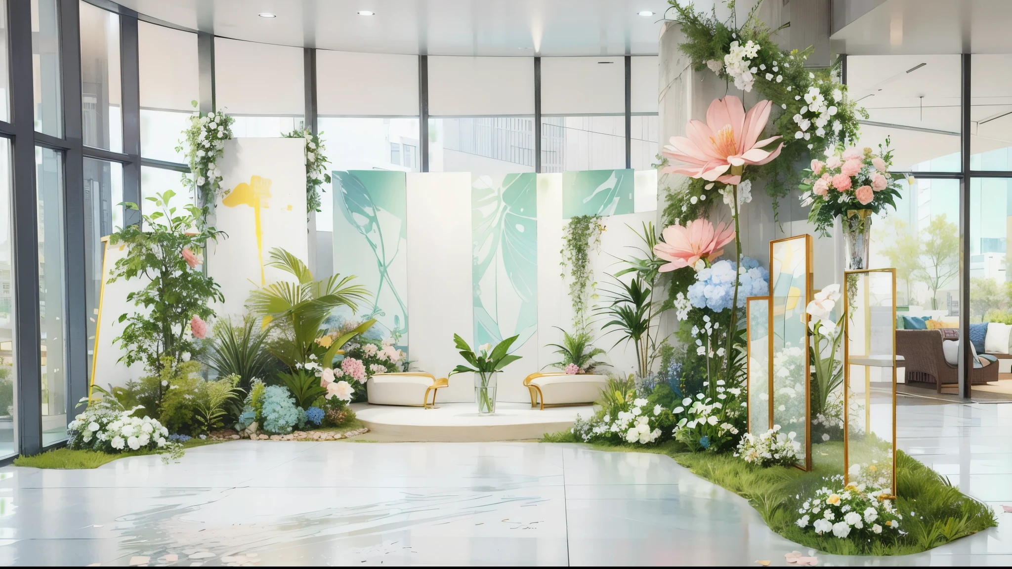 3D rendering of a floral installation art in the lobby of an office building with white walls and glass, green, watercolour, light blue-green, floor plan, sofas, arches, big pink ruffles, pillars, wedding, HD quality, high detail, very detailed, fine, architectural shots, surrealism, Unreal Engine 5