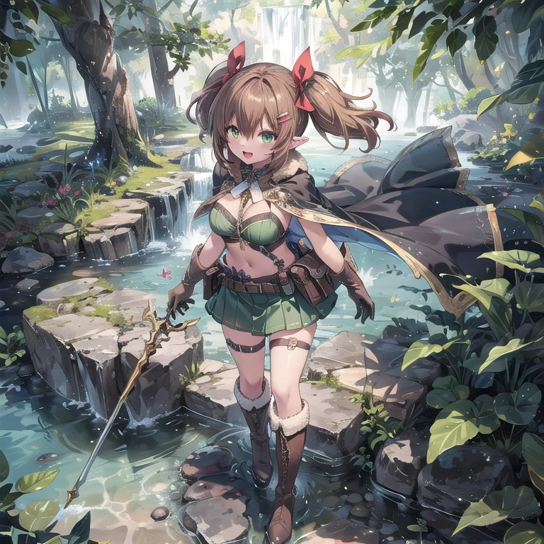 ((Stylish girl standing in front of two giant ancient turtles)) ,((Blowing a wooden whistle))、((Little teenage girl, Wear a red cloak, Wearing a red hood, Fully round eyelids, White flower hair ornament, Green Bikini, Leather shorts, Belt bag, green colored eyes, Light brown long hair、Wavy Hair, Smaller chest:1.1)) , jrpg character art、(masutepiece, Best Quality, 8K、A detailed face:1.1),Ancient forest at night on background