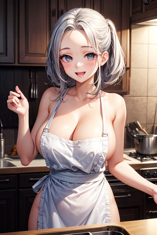 one woman, highest quality, masterpiece, big breasts, beautiful breasts, Super beautiful woman, beautiful eyes, Upper body, 2D, standing position, cleavage, perfect eyes, anime characters, smile, open your mouth, silver hair, Forehead visible, naked apron, kitchen, mature woman, Slut, Excessive exposure,