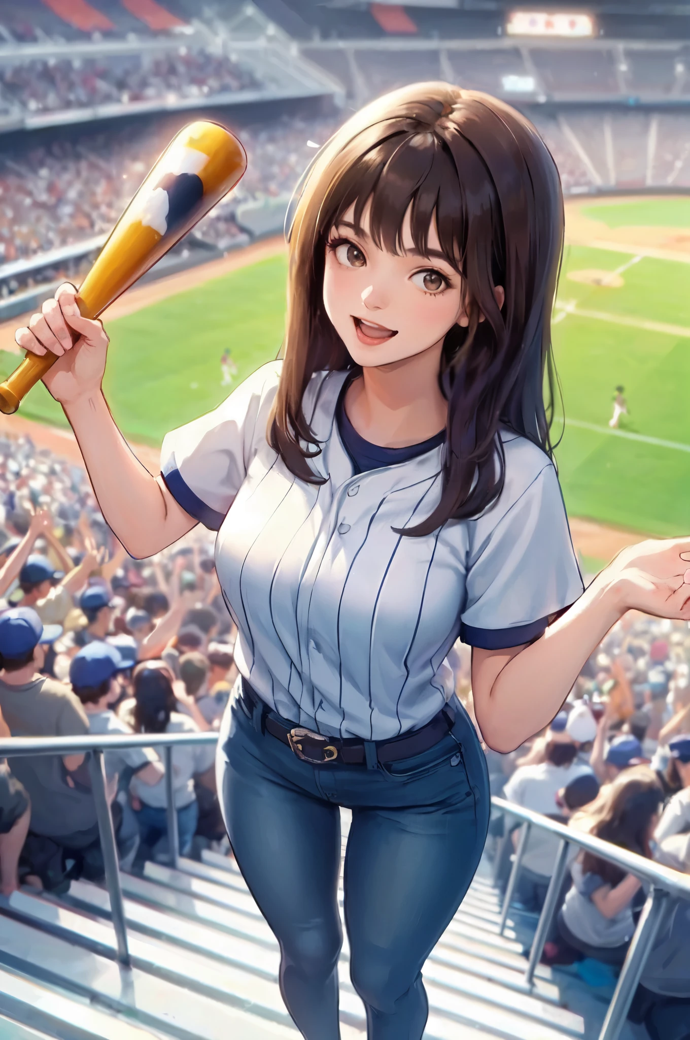 1lady solo, from above, standing on stairs, leading crowd in cheers, (baseball uniform shirt), jeggings, mature female, /(dark brown hair/) bangs, (happy smile:0.8), (open mouth), (masterpiece best quality:1.2) delicate illustration ultra-detailed, large breasts, hands spread wide BREAK (holding noisemaker) in hand BREAK (baseball stadium) outdoors, lawn, audience, detailed background