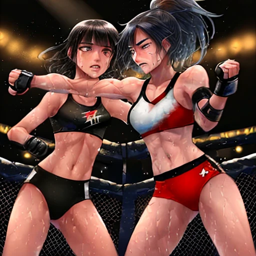 two persons. Drenched in sweat and covered in bruises, she is in a mixed martial arts ring against a female fighter. She is lying. Her opponent strong female fighter is punching her poor belly so hard. her one eye closed and mouth open, she is gasping for breath and drooling. She is a cute Japanese high school girl with short-cut black hair. She is wearing a sports bra, high-leg shorts, and open-finger gloves. Small breasts, poor belly, slender body, poor body.