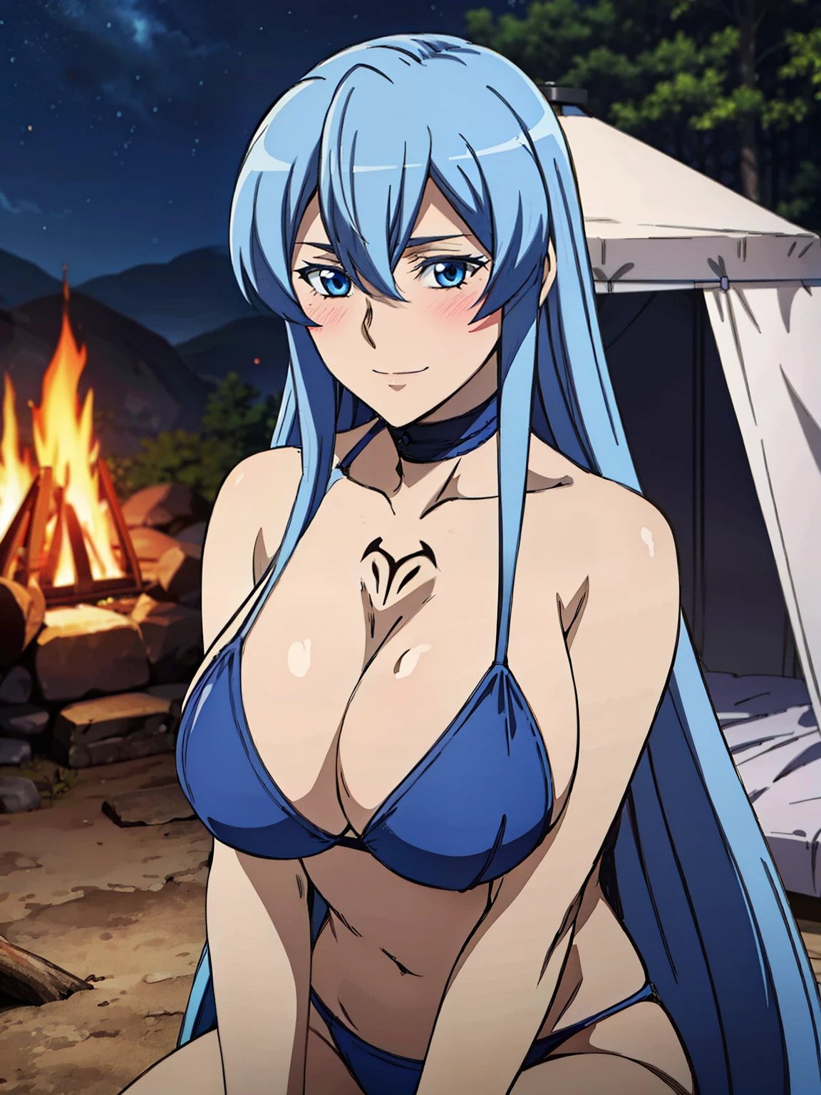 sitting on the fallen tree, choker, blue bikini, chest tattoo, infront of the tent, beside camp fire, night forest background, esdeath, anime cels style, best quality, high resolution, 1girl, (huge breasts:1.2), mature women, blue hair, long hair, (blue eye), blue eyebrow, beautiful face, (cowboy shot), looking at viewer, blushing, smiling