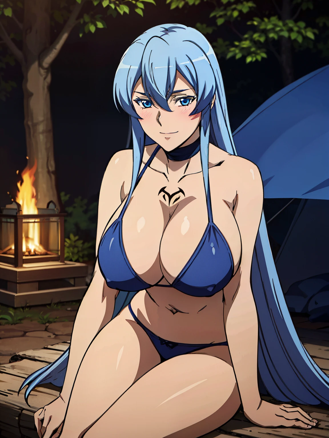 sitting on the fallen tree, choker, blue bikini, chest tattoo, infront of the tent, beside camp fire, night forest background, esdeath, anime cels style, best quality, high resolution, 1girl, (huge breasts:1.2), mature women, blue hair, long hair, (blue eye), blue eyebrow, beautiful face, (cowboy shot), looking at viewer, blushing, smiling