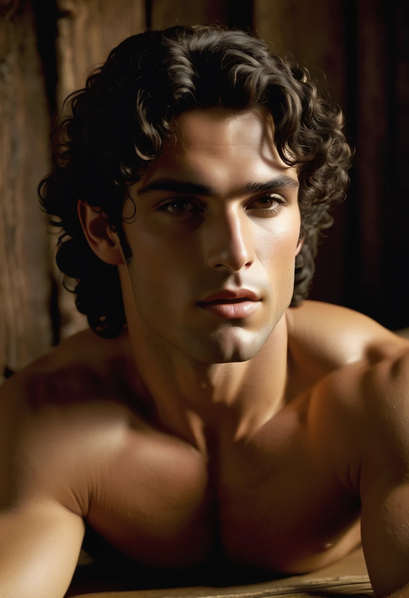 (highly detailed, soft light, photorealistic, dynamic light; cinematic); victorian era; 1820s; 24 years old man; Greek; 1820s Anglican priest; incredibly attractive; dark and brooding; masculine yet beautiful; helpless longing stare; desirous inviting expression; intimate sexually-charged atmosphere; Adonis; moody; intense; hooked Greek nose; sensual; amorous passionate air; very attractive; lean figure; olive skin, blushing, flushed; stubble; hazel-green eyes; thick strong dark-brown eyebrows; long full sideburns; fully naked with a slim toned body with dark-brown body-hair, slightly sweaty; short tousled dark-brown wavy hair; full luscious moist lips, mouth open in a gasp of pleasure; lying on an 1820s bed in a rustic 1820s log cabin, lying in an inviting pose; looking at camera
