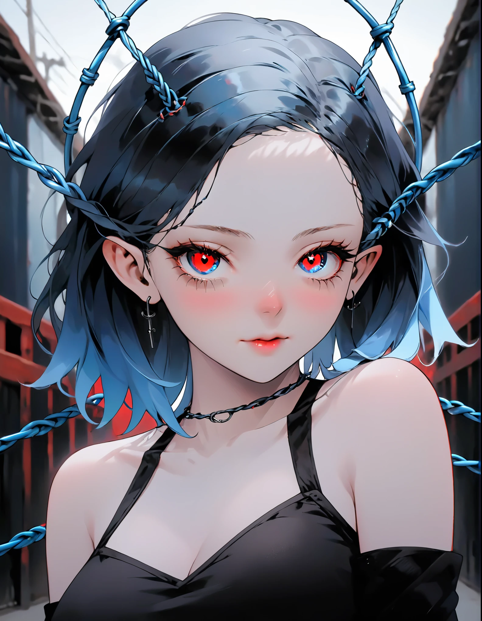 Hermosa joven de pelo blanco con penetrantes ojos rojo y azul, media sonrisa con labios carnosos, black nails, barbed wires everywhere(coiled black barbed wires),read eyes,blue eyes, (ojos diferentes), (heterochromia)