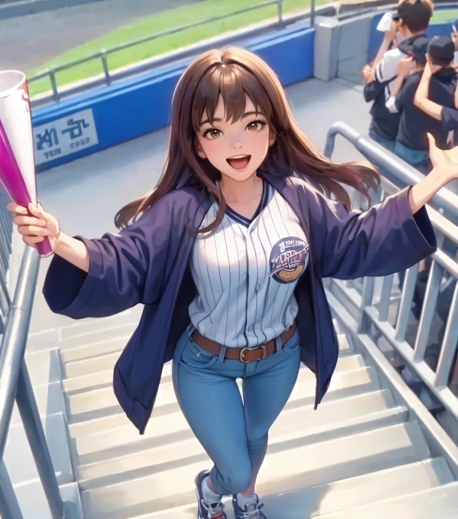 1lady solo, from above, standing on stairs, leading crowd in cheers, (baseball uniform shirt), jeggings, mature female, /(brown hair/) bangs, (happy smile:0.8), (open mouth), (masterpiece best quality:1.2) delicate illustration ultra-detailed, large breasts, hands spread wide BREAK (holding noisemaker) in hand BREAK (baseball stadium) outdoors, lawn, audience, detailed background