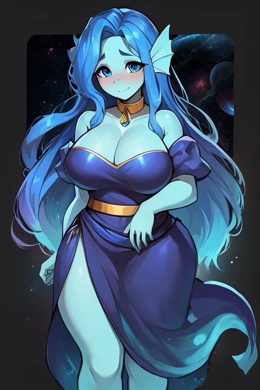""((thicc and curvy)), ((solo girl)) ((better quality)), full body, anthrophomorphic female pony, blue tiffany skin, dark blue eyes pulpils, shy expression, long blue hair, goddess marine blue long dress, plate belt, plate braces, medium blue socks, golden collar, float (((space background)))