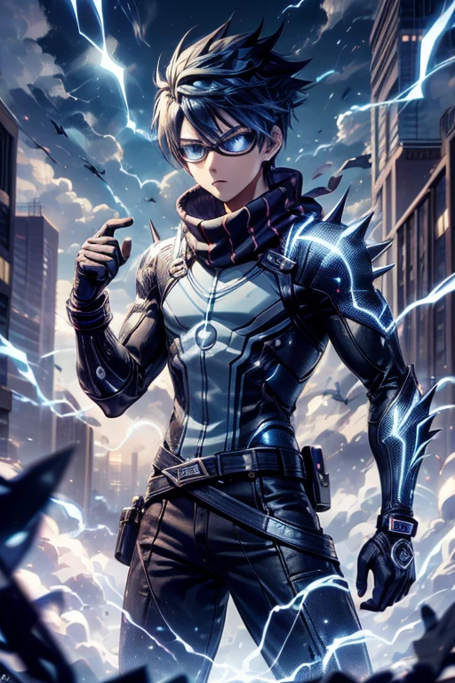 A typical hero in an urban anime. a stylish yet practical outfit, possibly consisting of a combination of modern streetwear and futuristic elements. They could have spiky or stylized hair, in bold colors like red or orange, and wear a signature accessory such as goggles or a scarf. Their physique is usually fit and athletic, reflecting their active lifestyle and readiness for action. They might also have striking eyes, conveying determination and resolve. Overall, their appearance combines elements of coolness, functionality, and a hint of edginess.