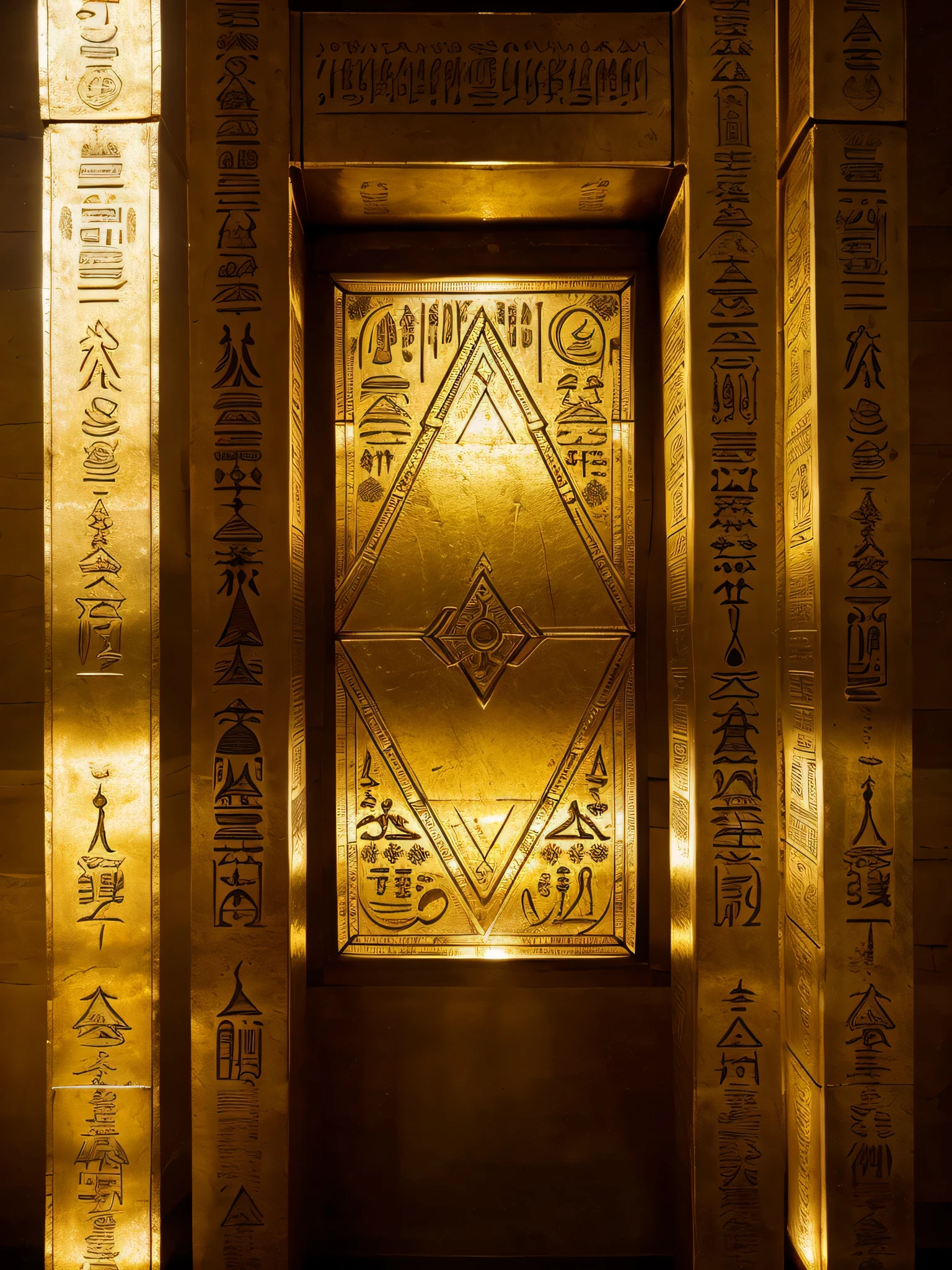Symbol of three united pyramids inverted and translucent with a shining radiance emanating from them, very detailed, exquisitely crafted, 3000 years old, ancient mystery, intricate hieroglyphics, brilliant gilded edges, highly detailed, sharp focus, transparency showcasing intricate internal structures, realistic texture, radiant golden aura, professional masterpiece, ultra-high definition, 8k UHD, photorealistic, capturing the essence of ancient Egypt, historically accurate, post-processing to enhance the intricacies and luminance, authentic artistic representation.