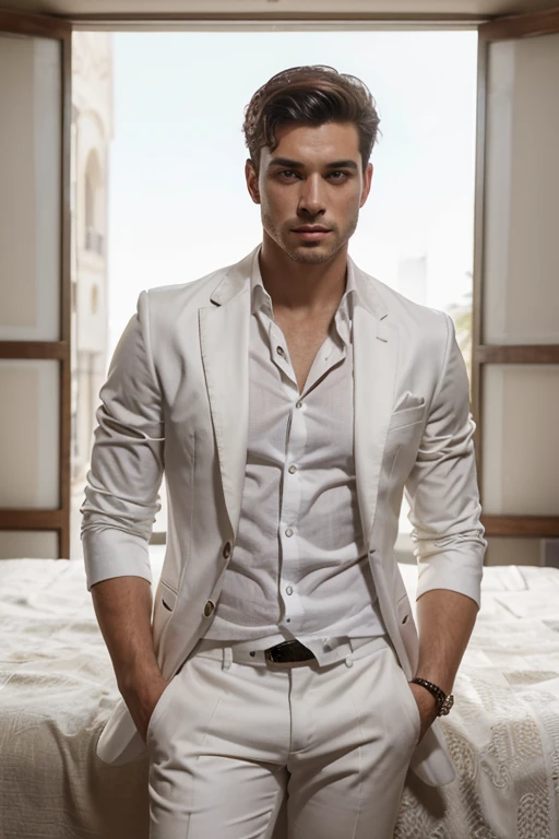 30 years old,daddy,"shiny grey suit ", wear white shirt, open shirt revealing his muscular six packs, very shiny grey pants, very shiny grey waistcoat, Dad was drunk and lie down on the bed,k hd,in the office,"big muscle", gay ,black hair,asia face,masculine,strong man,the boss is,handsome,,leather gloves,lecherous dad,look straight ahead,dad is handsome,dad is handsome ,dad is "horny dad",(Best quality, 8k, Masterpiece).,Smiling face, good mood.highest detail, superior quality, natural lighting, beautiful, sexy, correct anatomy, good composition,realistic shapes, realistic skin tones,Natural eyes,realistic eyes,looking up at viewer,vpl,realistic muscles,Realistic wrinkles on the skin,Realistic arms and legs,Realistic face,realistic hair,Make a sexy and seductive face, man focus,amazing composition, front view, HDR, volumetric lighting, ultra quality, elegant,Post a erotic photoshoot,Realistic pose,detailed hair,full body,Fujifilm XT3 photorealistic art by midjourney