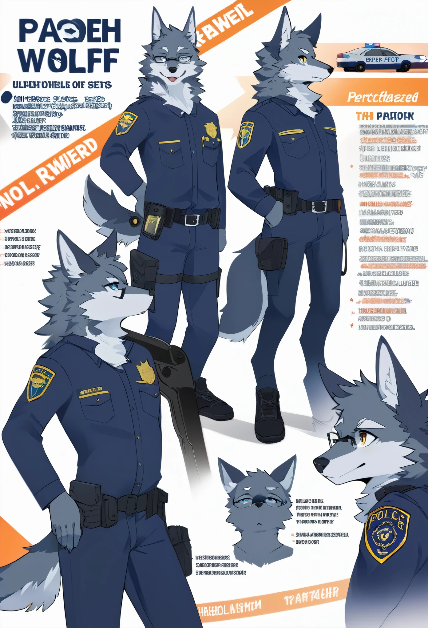 highres, top quality, best quality, paid reward available, High-quality illustrations, unparalleled masterpiece, perfect artwork, absurdres, perfect anatomy, standing kemono boy, three view drawing, front and side and back, character sheet, character design police man!!, anime character, glasses, facial expressions, Detailed description of character, text, Transform wolf, Collection of setting materials,