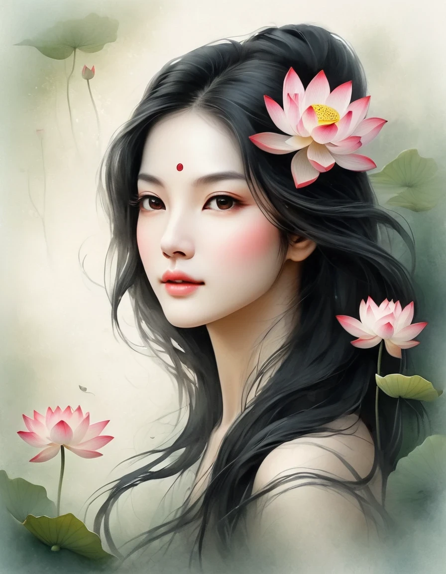 （Close-up of a woman with lotus tattoo on her neck）,This woman has a delicate and charming face，long black hair，（Clear lotus tattoo on neck），Flowing hair vignette，fair face，Foxy, slender, beautiful eyes， elegant digital art, Beautiful digital illustrations, beautiful figure painting, 