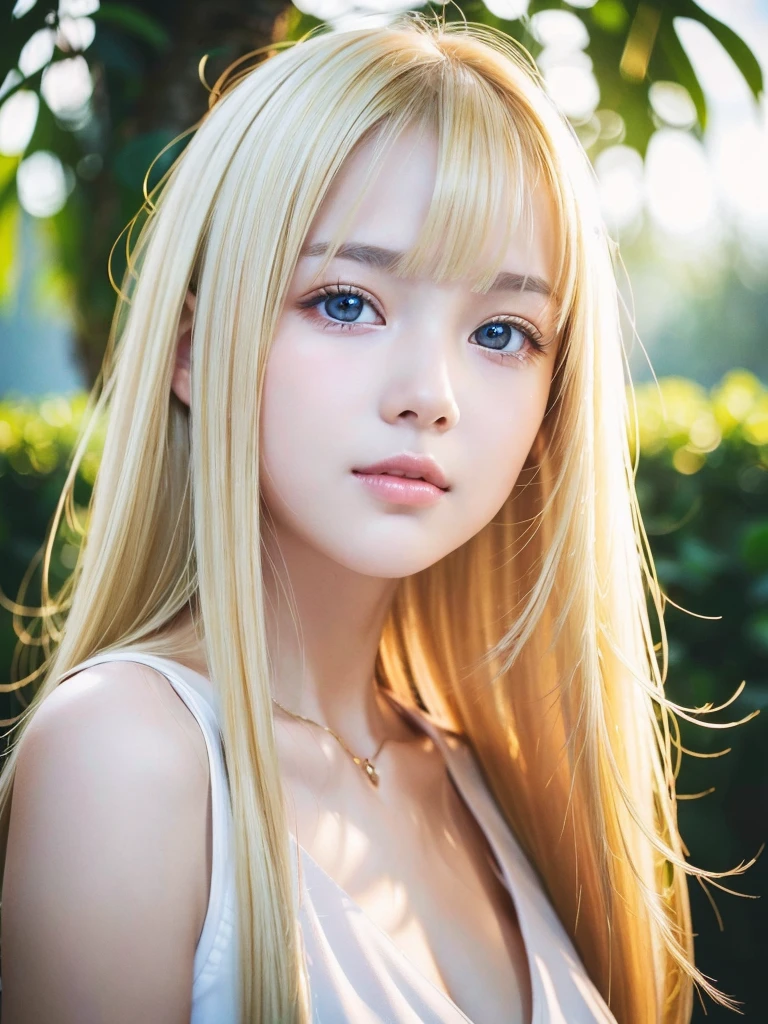Raw photography、(((Portrait of extreme beauty)))、((beautiful shiny white skin))、1 girl、a baby face、Small face beauty、14 year old cute beautiful girl、((shiny bright blonde hair))、Cute clothes、Hair hanging on the face、[attractive whitish white light blue eyes,,,]、Super Long Straight Silky Hair、eye liner、Beautiful bangs、Hair between the eyes、Fluttering hair、a little bit smile、((​masterpiece、top-quality、ultra-detailliert、Film Light、intricate-detail、hight resolution、8K、ighly detailed))、Detailed background、8K UHD、Digital SLR、Soft light、hightquality、Film grain、FujifilmXT3 、Shallow depth of field、natural soft light、（perfect hand）、Perfect beautiful face、large full breasts、Small face beauty