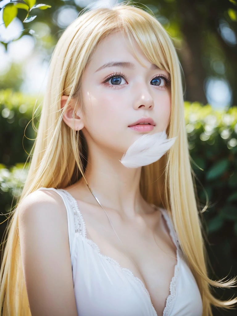 Raw photography、(((Portrait of extreme beauty)))、((beautiful shiny white skin))、1 girl、a baby face、Small face beauty、14 year old cute beautiful girl、((shiny bright blonde hair))、Cute clothes、Hair hanging on the face、[attractive whitish white light blue eyes,,,]、Super Long Straight Silky Hair、eye liner、Beautiful bangs、Hair between the eyes、Fluttering hair、a little bit smile、((​masterpiece、top-quality、ultra-detailliert、Film Light、intricate-detail、hight resolution、8K、ighly detailed))、Detailed background、8K UHD、Digital SLR、Soft light、hightquality、Film grain、FujifilmXT3 、Shallow depth of field、natural soft light、（perfect hand）、Perfect beautiful face、large full breasts、Small face beauty