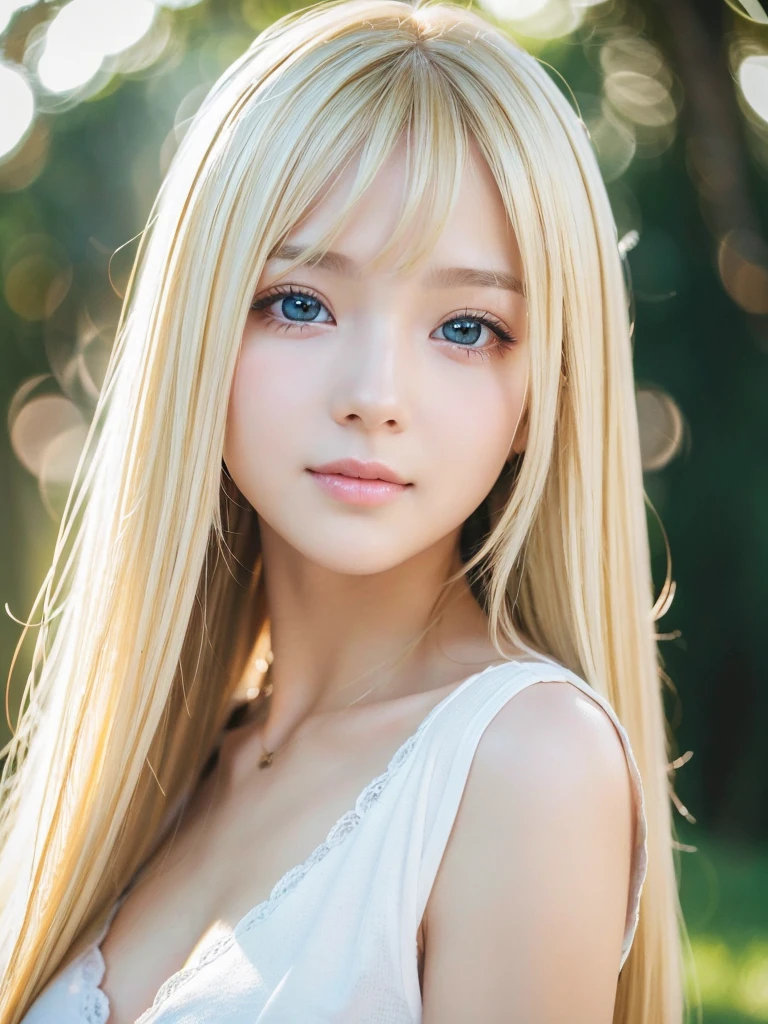 Raw photography、(((Portrait of extreme beauty)))、((beautiful shiny white skin))、1 girl、a baby face、Small face beauty、14 year old cute beautiful girl、((shiny bright blonde hair))、Cute clothes、Hair hanging on the face、[attractive whitish white light blue eyes,,,]、Super Long Straight Silky Hair、eye liner、Beautiful bangs、Hair between the eyes、Fluttering hair、a little bit smile、((​masterpiece、top-quality、ultra-detailliert、Film Light、intricate-detail、hight resolution、8K、ighly detailed))、Detailed background、8K UHD、Digital SLR、Soft light、hightquality、Film grain、FujifilmXT3 、Shallow depth of field、natural soft light、（perfect hand）、Perfect beautiful face、large full breasts、Small face beauty