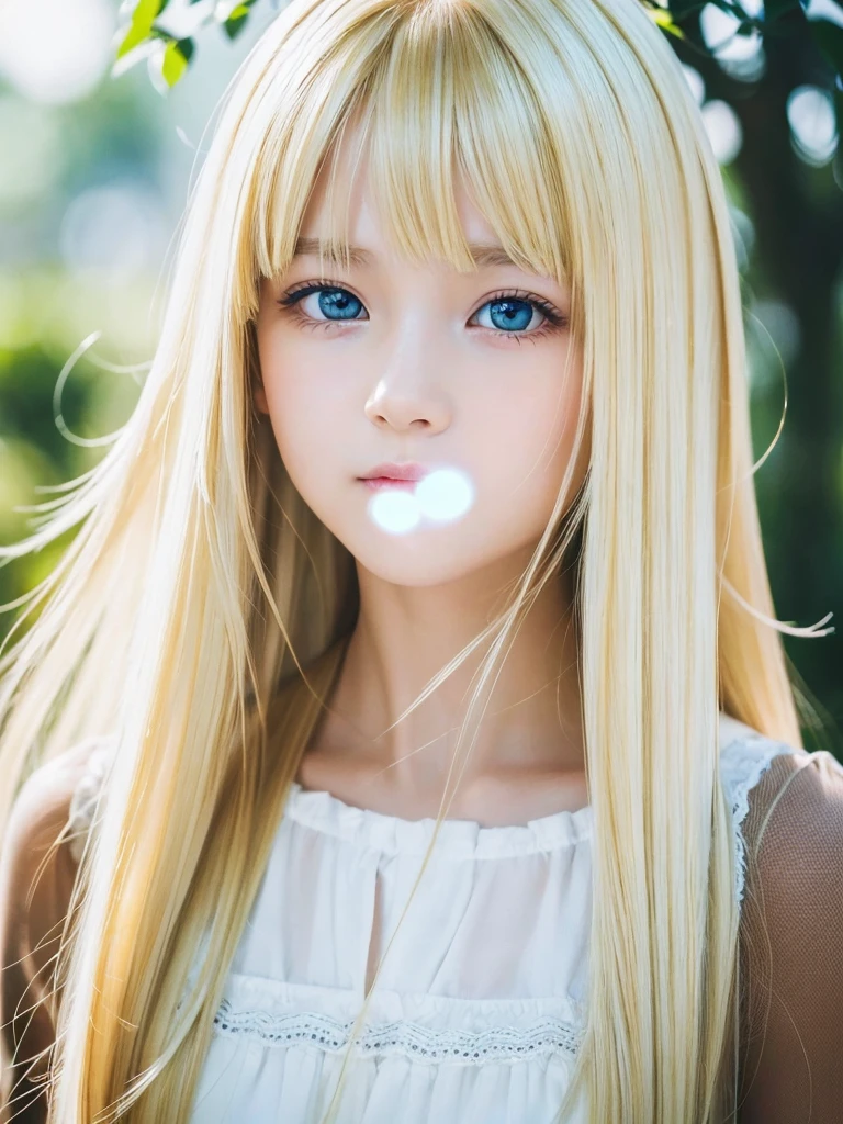Raw photography、(((Portrait of extreme beauty)))、((beautiful shiny white skin))、1 girl、a baby face、Small face beauty、14 year old cute beautiful girl、((shiny bright blonde hair))、Cute clothes、Hair hanging on the face、[attractive whitish white light blue eyes,,,]、Super Long Straight Silky Hair、eye liner、Beautiful bangs、Hair between the eyes、Fluttering hair、a little bit smile、((​masterpiece、top-quality、ultra-detailliert、Film Light、intricate-detail、hight resolution、8K、ighly detailed))、Detailed background、8K UHD、Digital SLR、Soft light、hightquality、Film grain、FujifilmXT3 、Shallow depth of field、natural soft light、（perfect hand）、Perfect beautiful face、large full breasts、Small face beauty