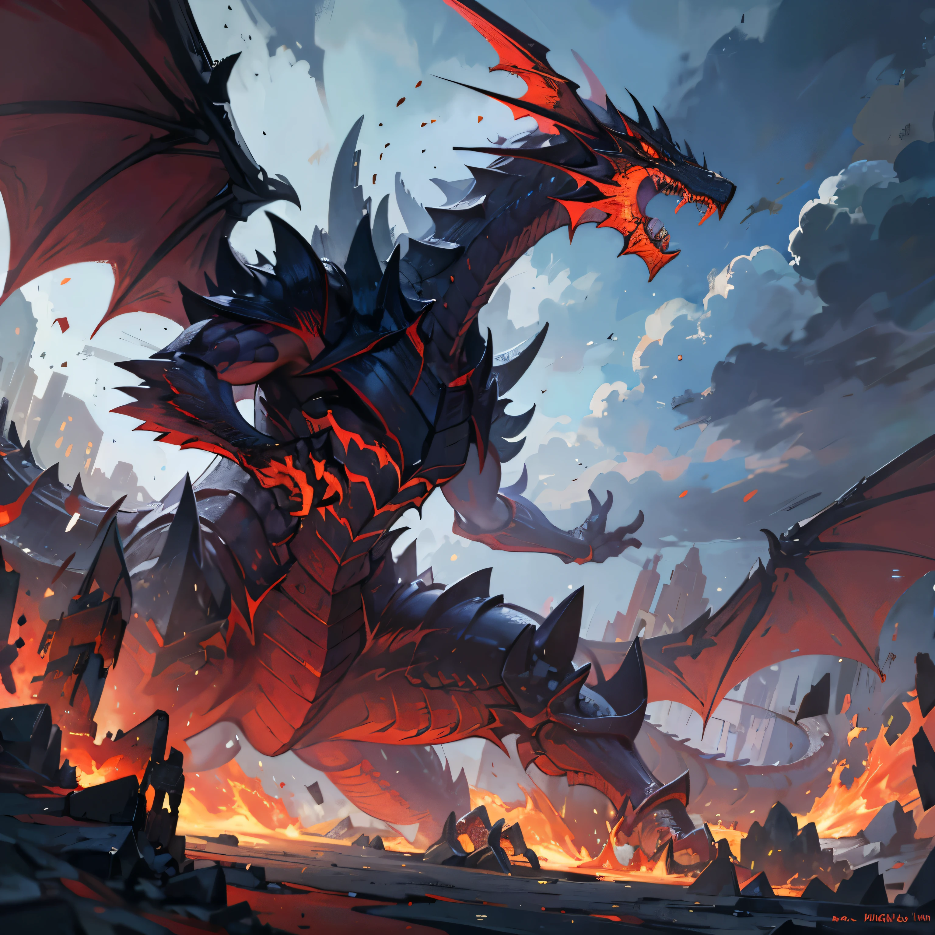 Fantasy monster concept, fantasy dragon, Yu-Gi-Oh TCG design, red dragon, red and black dragon, fierce dragon, detailed design, fearsome dragon, from below, lower angle, full body picture, volcanic dragon, dark sky background, dark clouds, scary, creepy, horror