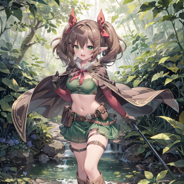 1girl, solo, pointy-ears, ((brown-hair)), green-eyes, gloves, boots, twintails, open-mouth, skirt, elbow-gloves, hair-ornament, navel, looking-at-viewer, cape, smile, elf, holding, ribbon, hair-ribbon, quiver, knee-boots, belt, low-twintails, hairclip, green-skirt, black-gloves, forest, midriff, thigh-strap, character-name hair-between-eyes, standing, black-footwear, pouch, long-hair, nature, red-ribbon, ((big boobs) 1:1)