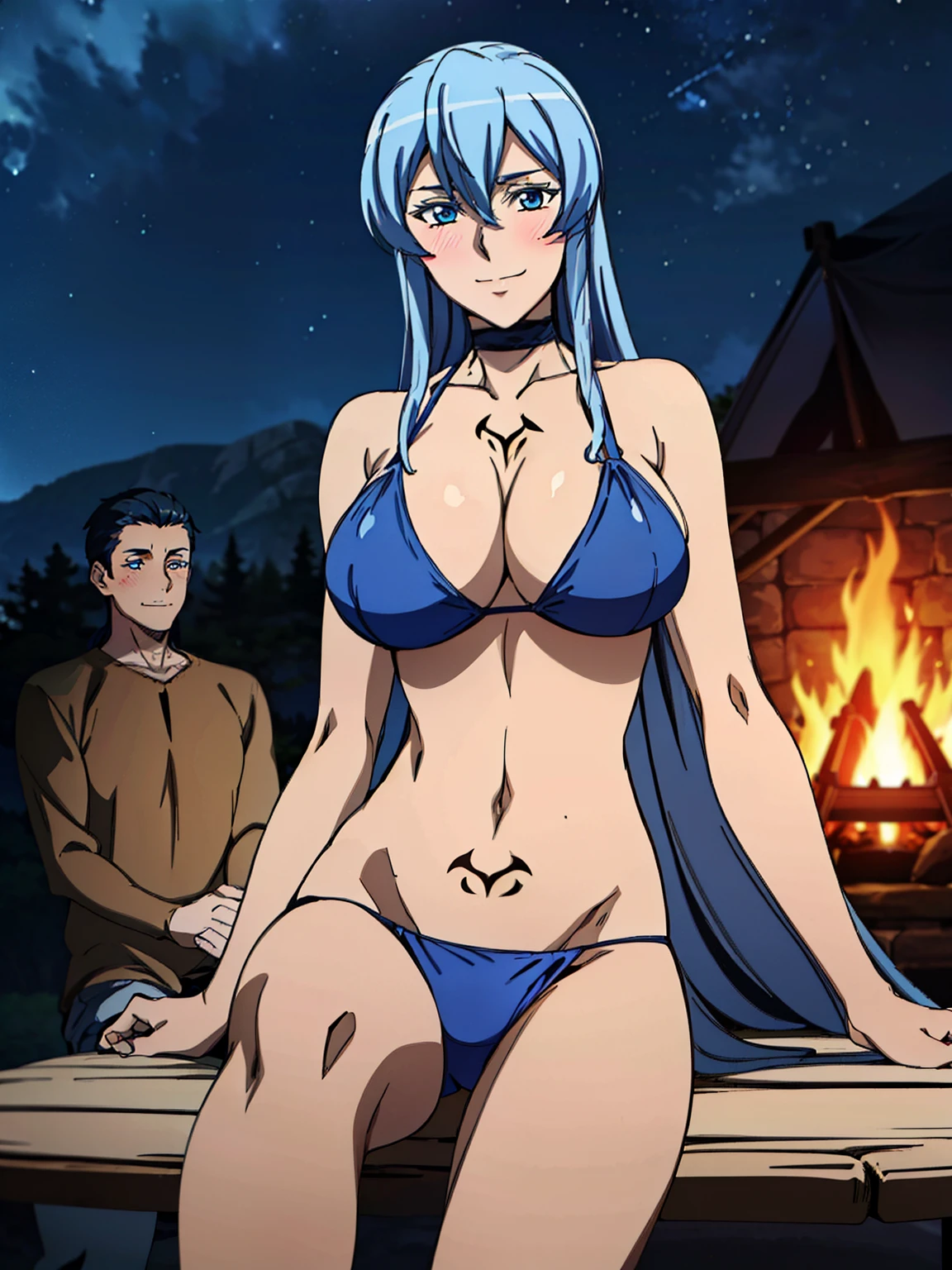 sitting on the pile of wood, spread her legs, showing her armpits, choker, blue bikini, chest tattoo, infront of the tent, beside camp fire, night forest background, esdeath, anime cels style, best quality, high resolution, 1girl, (huge breasts:1.2), mature women, blue hair, long hair, (blue eye), blue eyebrow, beautiful face, (cowboy shot), looking at viewer, blushing, smiling