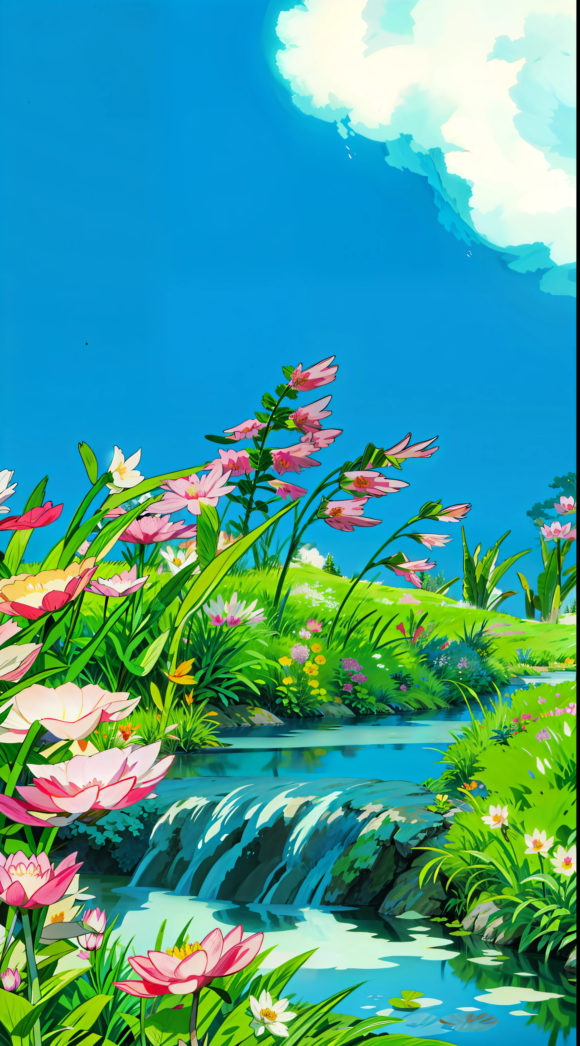 a small stream running through a lush green field, background of flowery hill, meadow background, anime scenery, anime beautiful peace scene, beautiful anime scenery, flowerfield, an aesthetic field of flowers, screenshot from a 2012s anime, grass and flowers, anime nature wallpap, anime nature, waterlily pond, flower fields, flower field, 4k hd,, beautiful art uhd 4 k, a beautiful artwork illustration, beautiful digital painting, highly detailed digital painting, beautiful digital artwork, detailed painting 4 k, very detailed digital painting, rich picturesque colors, gorgeous digital painting