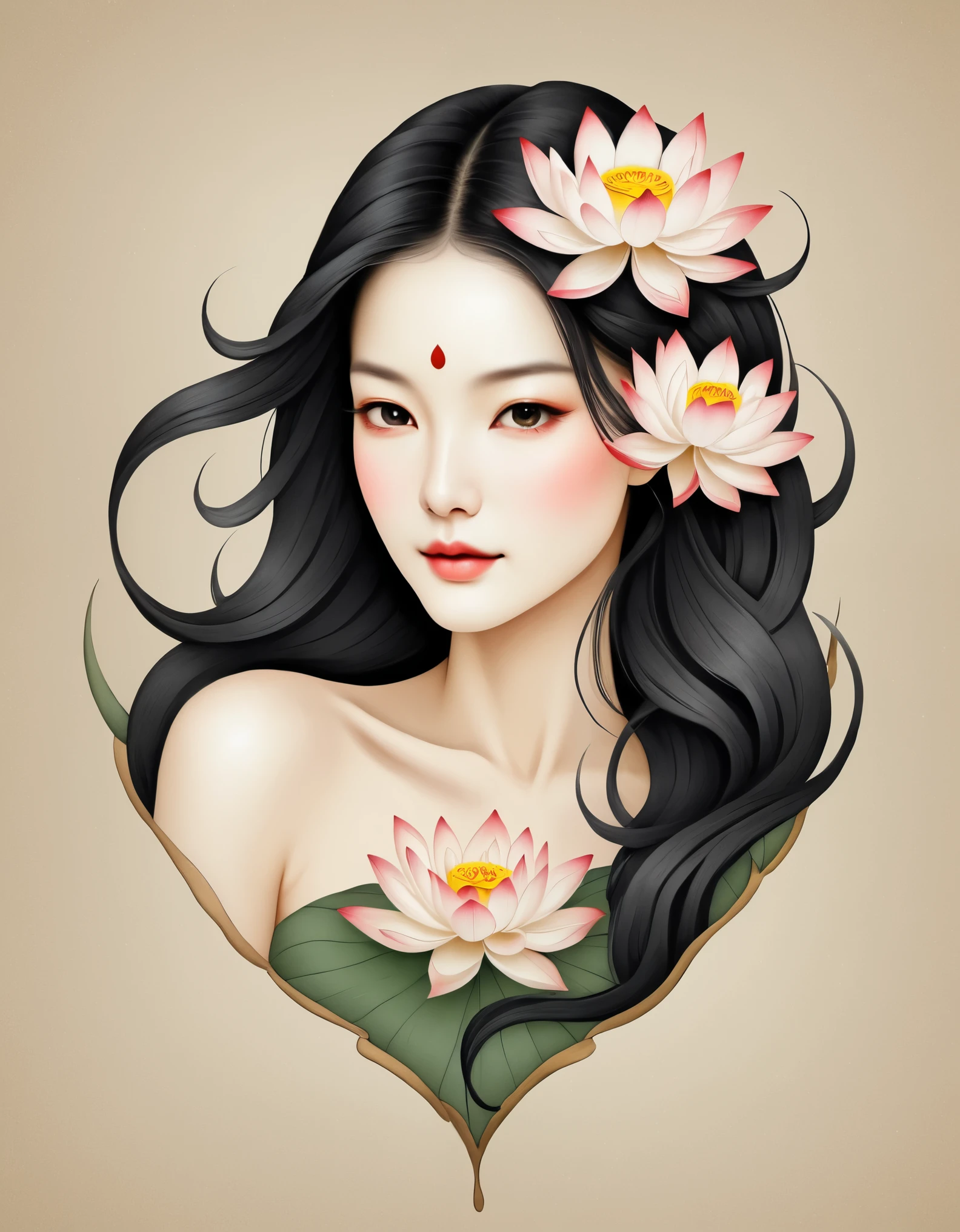 modern minimalist art，（Close-up of a woman with lotus tattoo on her neck）,This woman has a delicate and charming face，long black hair，（Clear lotus tattoo on neck：1.3），Flowing hair vignette，fair face，Foxy, slender, beautiful eyes， elegant digital art, Beautiful digital illustrations, beautiful figure painting, 