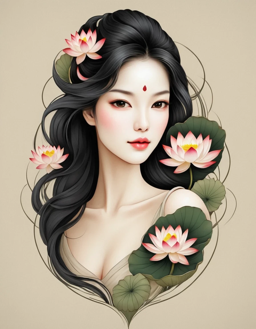 modern minimalist art，（Close-up of a woman with lotus tattoo on her neck）,This woman has a delicate and charming face，long black hair，（Clear lotus tattoo on neck：1.3），Flowing hair vignette，fair face，Foxy, slender, beautiful eyes， elegant digital art, Beautiful digital illustrations, beautiful figure painting, 