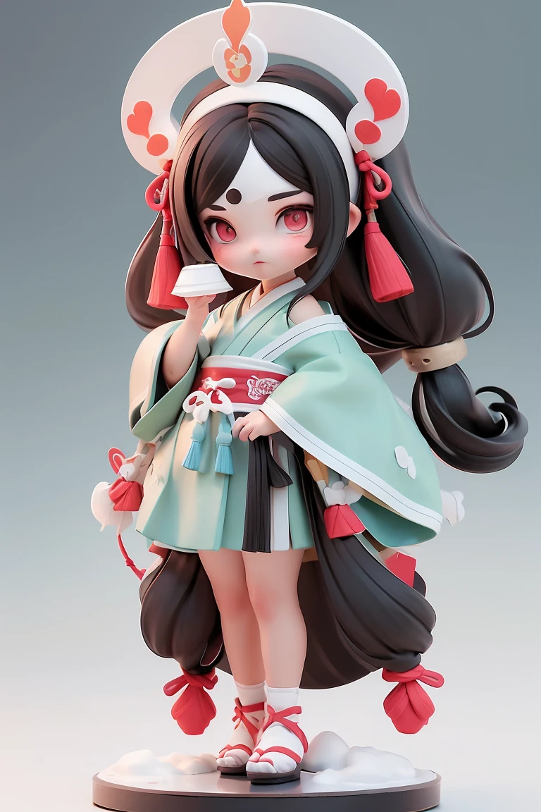  (whole body站立画), solo, game icon研究所, game icon, 1 girl, alone, black hair, long hair,  Chinese style elements，Taoist detailed art, Oriental traditional art style, beautiful style, oil paint brush, black hair, view viewer, two tone hair, cool eyes, White background, Black hair,whole body, Chibi