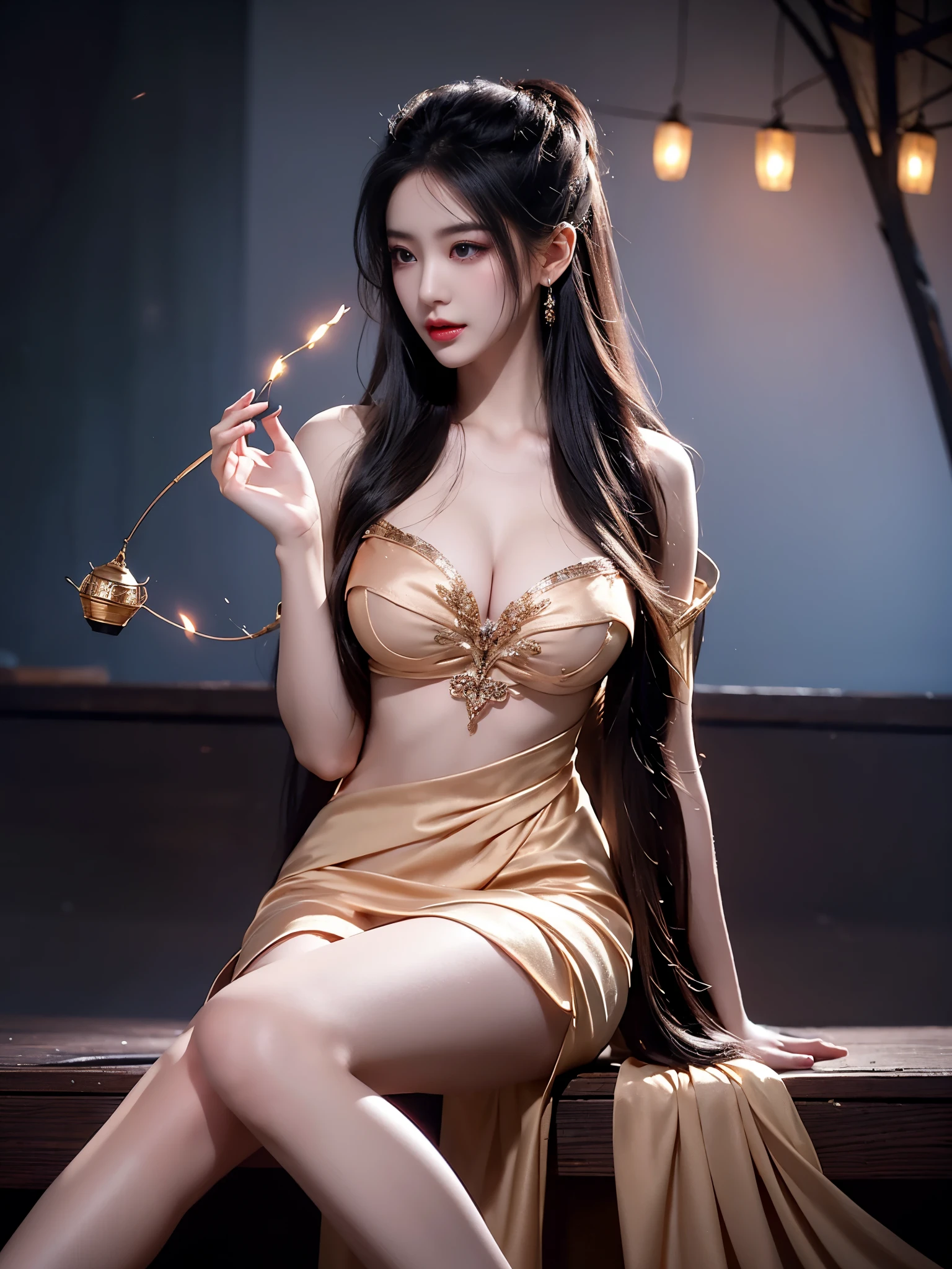 ylj, (masterpiece, best quality:1.2), 1girl, solo, ((nude)), ((night)), lantern, Candle light, In the depths of Wonderland,The moonlight falls like water,foggy room,The figure of the heroine is vaguely visible,Just like the fairy in the painting,Slender sexy legs,Very nice legs,Leaking sexy legs,Big breasts,Beautiful with a hint of mystery。Her face is beautiful and delicate,Like finely carved jade,Showing otherworldly beauty。The eyebrows are picturesque,The waves in my eyes are like twinkling stars,Show the light of perseverance and wisdom。The bridge of the nose is straight,Lip color like cherry,The slightly raised corners of the mouth reveal confidence and calmness。Her face is well defined,The skin is as fair as jade,Reveals a healthy glow,Just like a fairy, she never eats fireworks in the world。Her makeup is light and delicate,Not too much embellishment,But enough to show her temperament and charm。Light-colored foundation brings out the transparency of the skin,A light eyebrow pencil outlines her perfect eyebrow shape,Eye makeup is eye shadow and eyeliner,Make her eyes brighter and more energetic。Lips painted with grace lipstick,Adds a bit of charm and sophistication. Naked。Her hair is tied back casually,Secure it with a hosta,A few strands of hair are fluttering gently in the wind,Adds a bit of softness。Her figure is looming in the fairyland,Like a beautiful landscape of Big breasts,attracted everyone's attention。She seems to be a fairy in wonderland,Big breastsbeautiful、grace、mystery、and full of power。