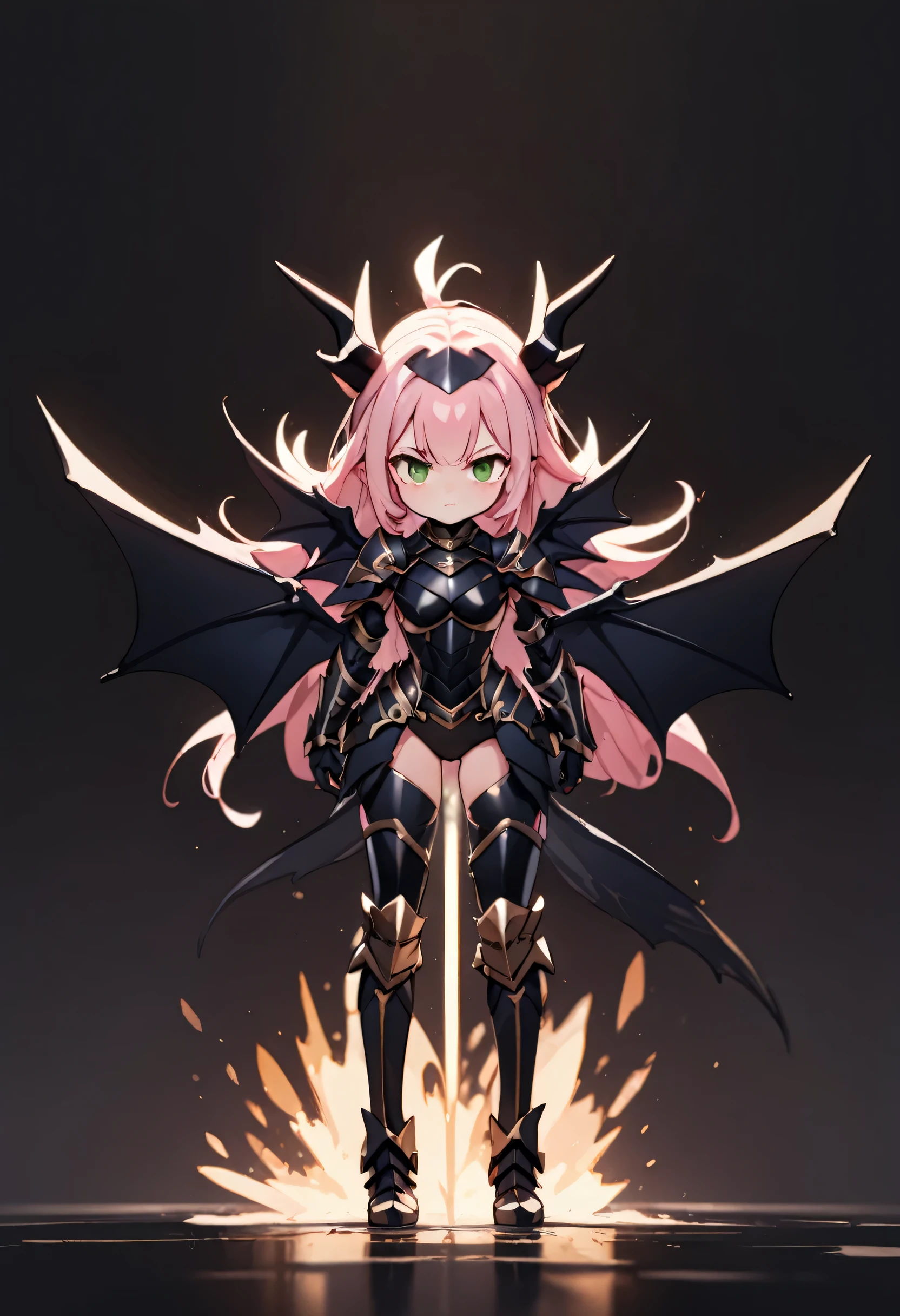 Light pink hair, dragon girl, black bikini armor, black demon horns, small black wings, green eyes, full body shot, black knee high boots, blank background, facing forward, standing straight out, wings spread out